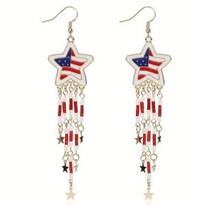 Star USA flag patriotic earrings beads and tassels golden tone red white blue